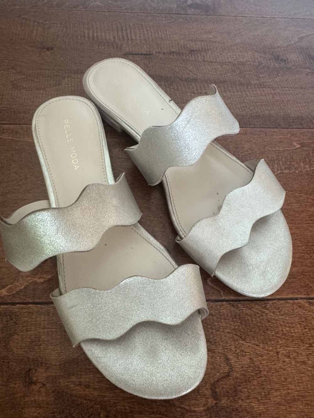Pelle Moda Metallic Wave Double-Strap Slide Sandals in Champagne Gold